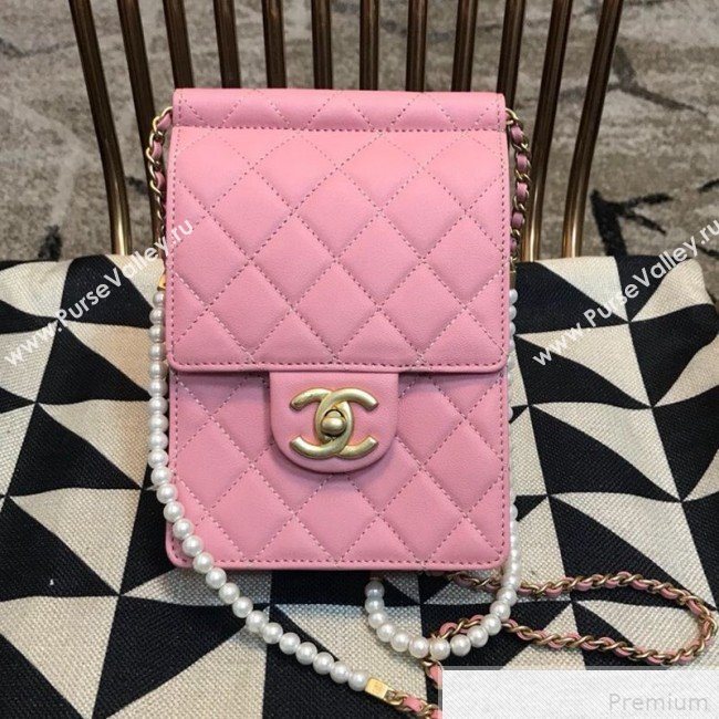 Chanel Lambskin Pearl Flap Clutch with Chain AP0367 Pink 2019 (JDH-9041817)