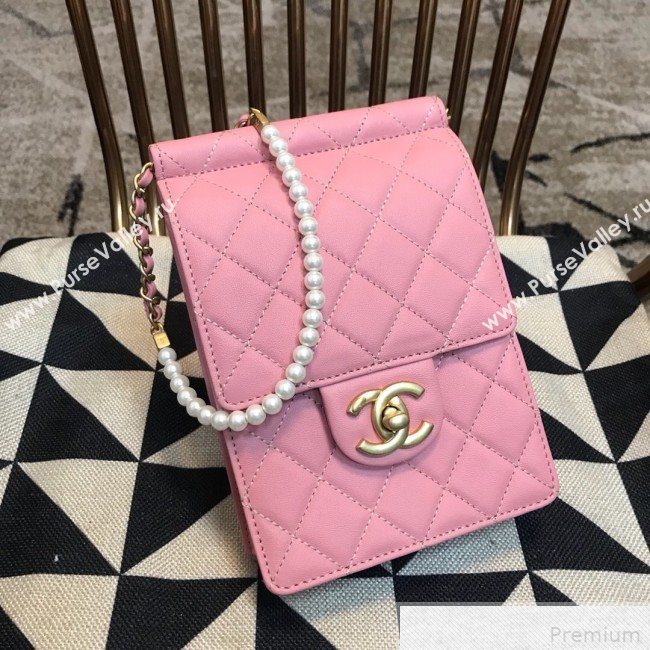 Chanel Lambskin Pearl Flap Clutch with Chain AP0367 Pink 2019 (JDH-9041817)