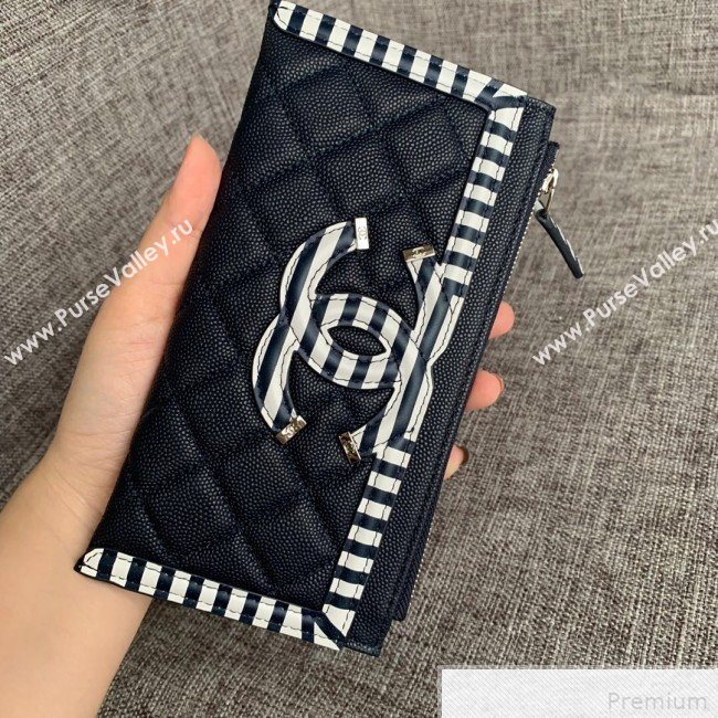 Chanel Calfskin Stripes Trim Wallet A80069 Blue (SSZ-9041821)