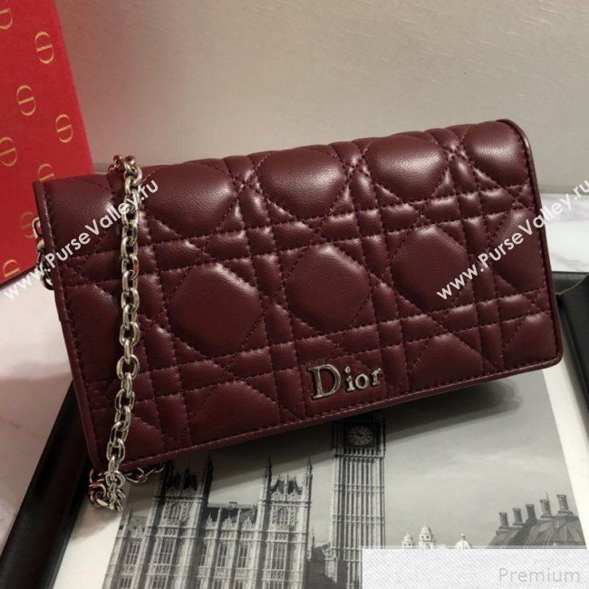 Dior Lady Dior Leather Clutch with Chain Burgundy (BFS-9041902)