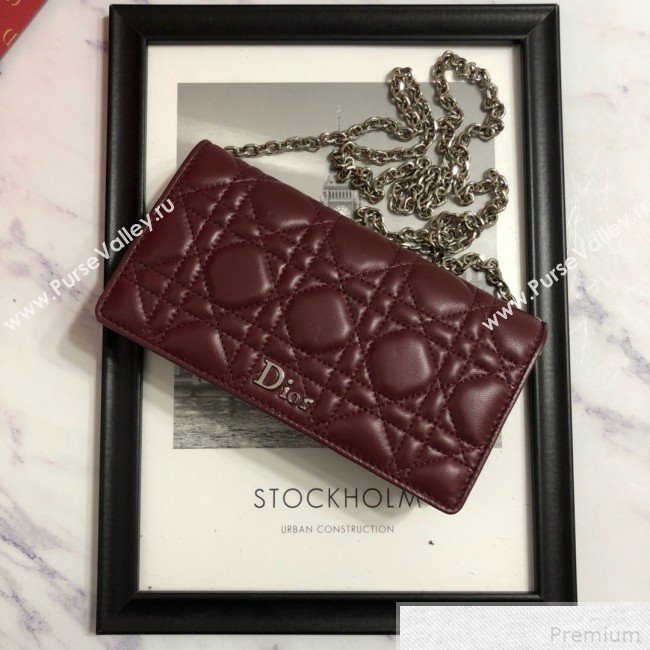 Dior Lady Dior Leather Clutch with Chain Burgundy (BFS-9041902)