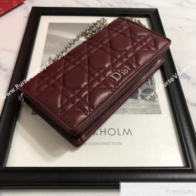 Dior Lady Dior Leather Clutch with Chain Burgundy (BFS-9041902)