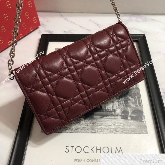 Dior Lady Dior Leather Clutch with Chain Burgundy (BFS-9041902)