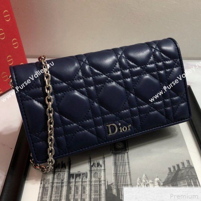 Dior Lady Dior Leather Clutch with Chain Navy Blue (BFS-9041904)