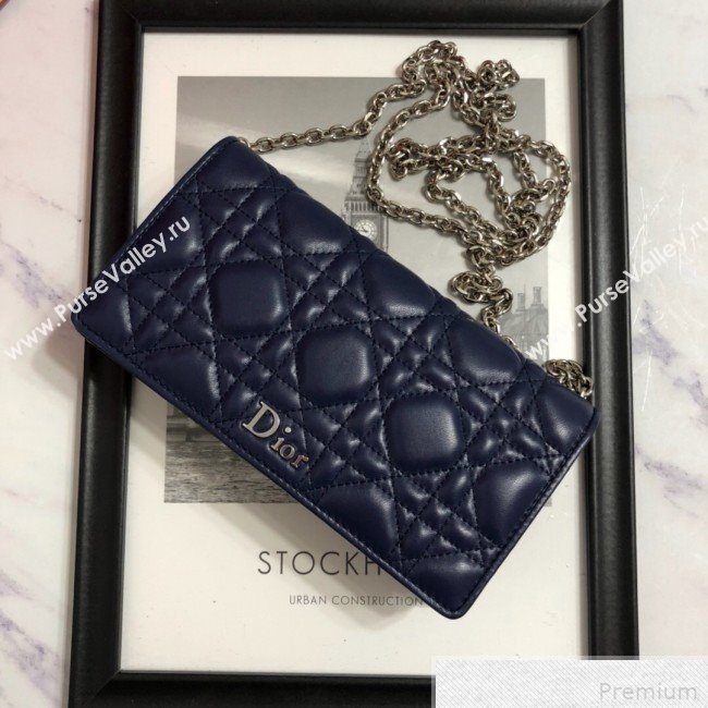 Dior Lady Dior Leather Clutch with Chain Navy Blue (BFS-9041904)