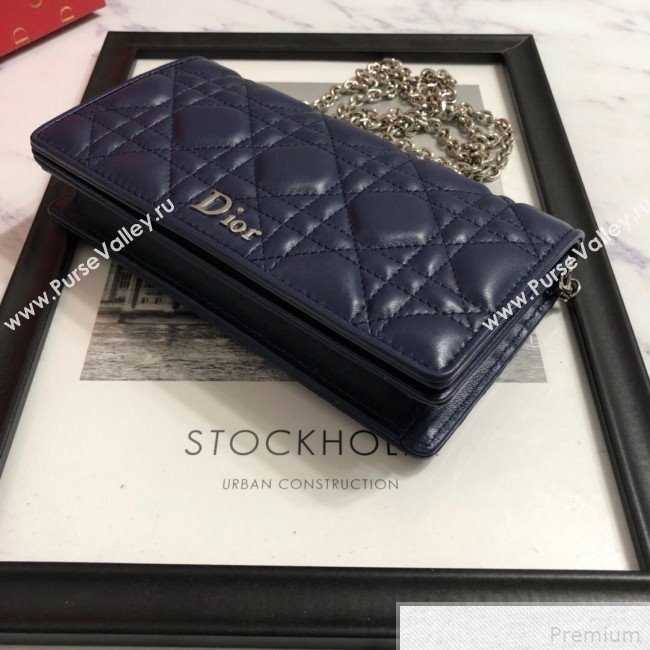 Dior Lady Dior Leather Clutch with Chain Navy Blue (BFS-9041904)