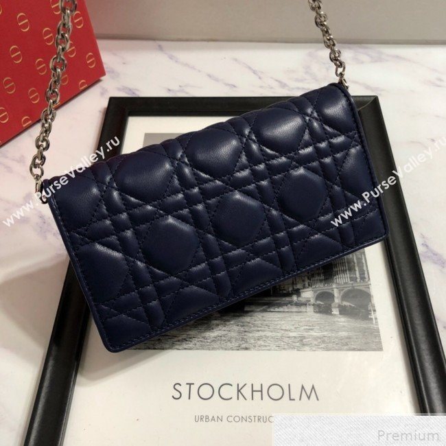 Dior Lady Dior Leather Clutch with Chain Navy Blue (BFS-9041904)