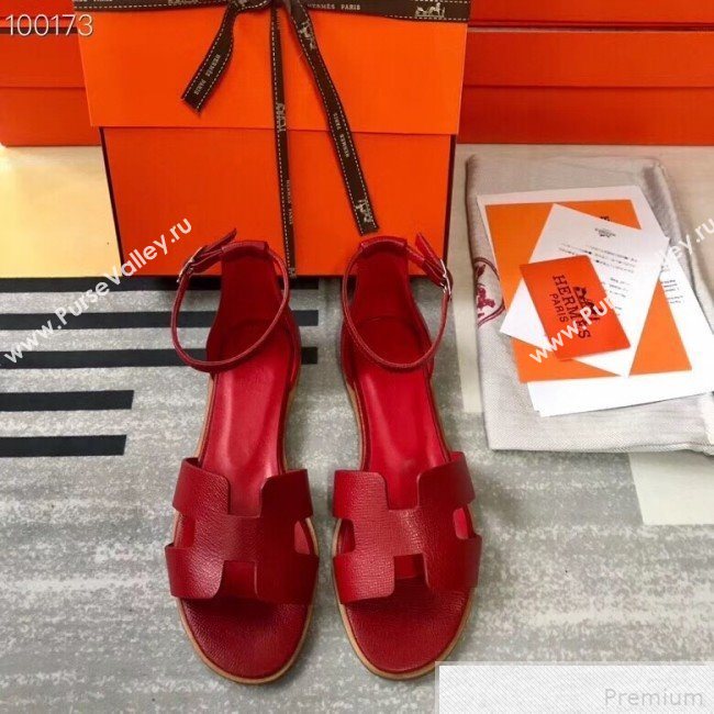 Hermes Santorini Grained Calfskin Flat Sandals Red 2019 (KQN-9042621)