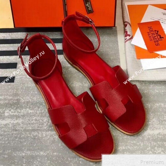 Hermes Santorini Grained Calfskin Flat Sandals Red 2019 (KQN-9042621)