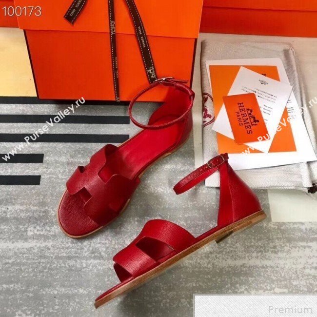 Hermes Santorini Grained Calfskin Flat Sandals Red 2019 (KQN-9042621)