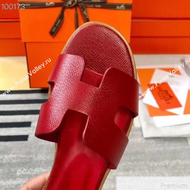 Hermes Santorini Grained Calfskin Flat Sandals Red 2019 (KQN-9042621)