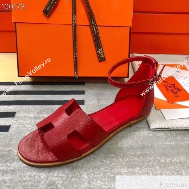 Hermes Santorini Grained Calfskin Flat Sandals Red 2019 (KQN-9042621)