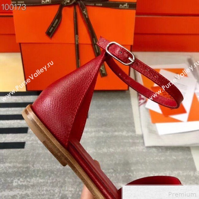 Hermes Santorini Grained Calfskin Flat Sandals Red 2019 (KQN-9042621)