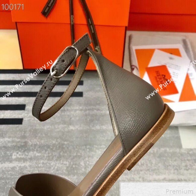 Hermes Santorini Grained Calfskin Flat Sandals Grey 2019 (KQN-9042620)