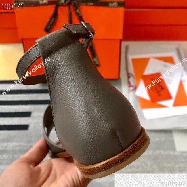 Hermes Santorini Grained Calfskin Flat Sandals Grey 2019 (KQN-9042620)