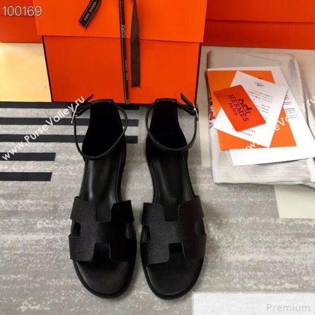 Hermes Santorini Grained Calfskin Flat Sandals Black 2019 (KQN-9042622)