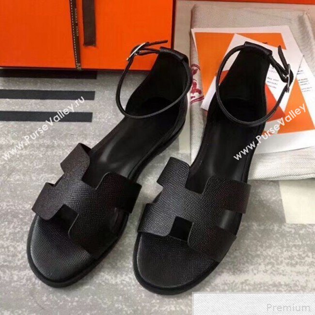 Hermes Santorini Grained Calfskin Flat Sandals Black 2019 (KQN-9042622)