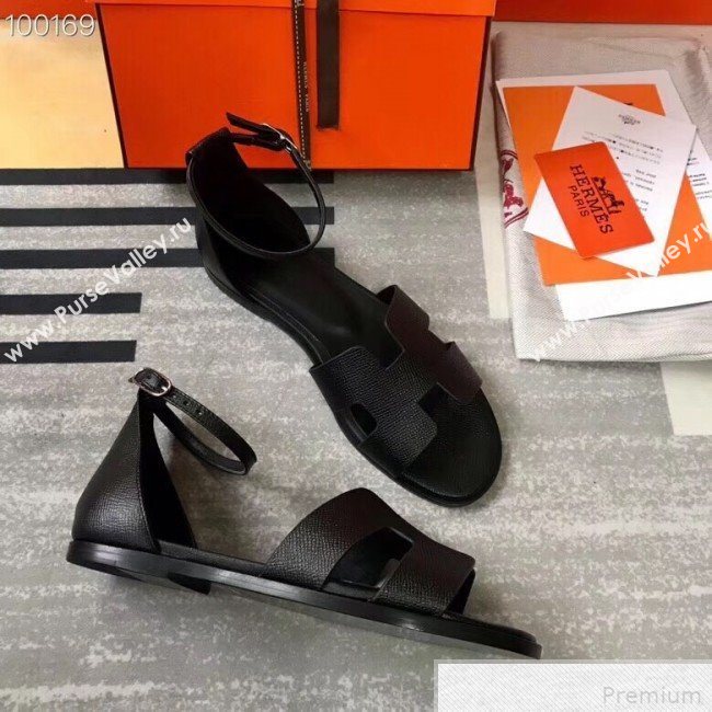 Hermes Santorini Grained Calfskin Flat Sandals Black 2019 (KQN-9042622)