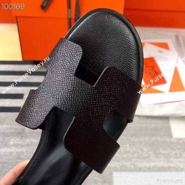 Hermes Santorini Grained Calfskin Flat Sandals Black 2019 (KQN-9042622)