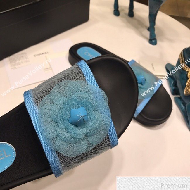 Chanel Camellia Mesh Flat Slide Sandals G34754 Blue 2019 (ANDI-9042006)