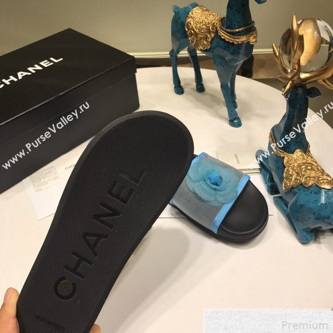 Chanel Camellia Mesh Flat Slide Sandals G34754 Blue 2019 (ANDI-9042006)