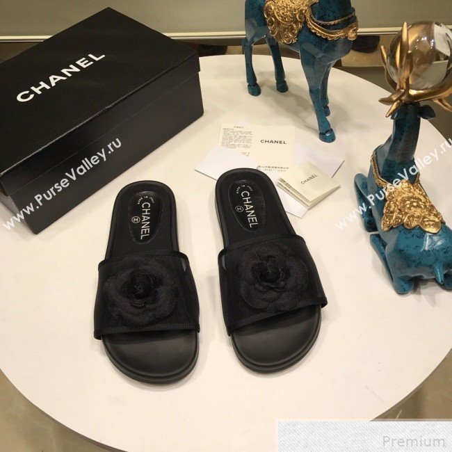 Chanel Camellia Mesh Flat Slide Sandals G34754 Black 2019 (ANDI-9042004)