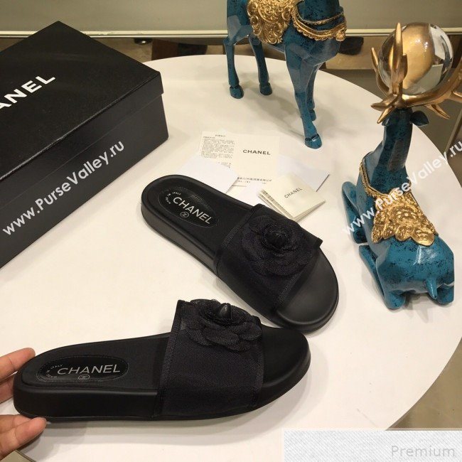 Chanel Camellia Mesh Flat Slide Sandals G34754 Black 2019 (ANDI-9042004)