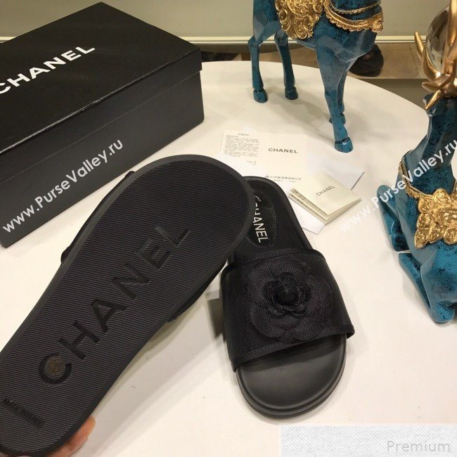 Chanel Camellia Mesh Flat Slide Sandals G34754 Black 2019 (ANDI-9042004)