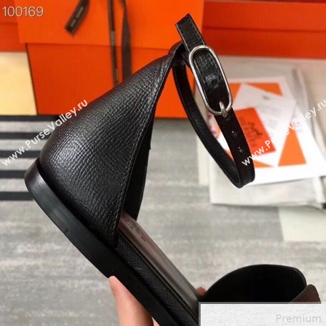 Hermes Santorini Grained Calfskin Flat Sandals Black 2019 (KQN-9042622)