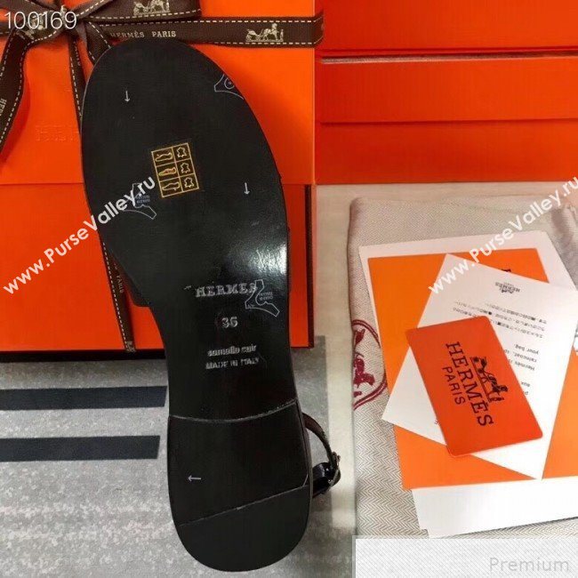 Hermes Santorini Grained Calfskin Flat Sandals Black 2019 (KQN-9042622)