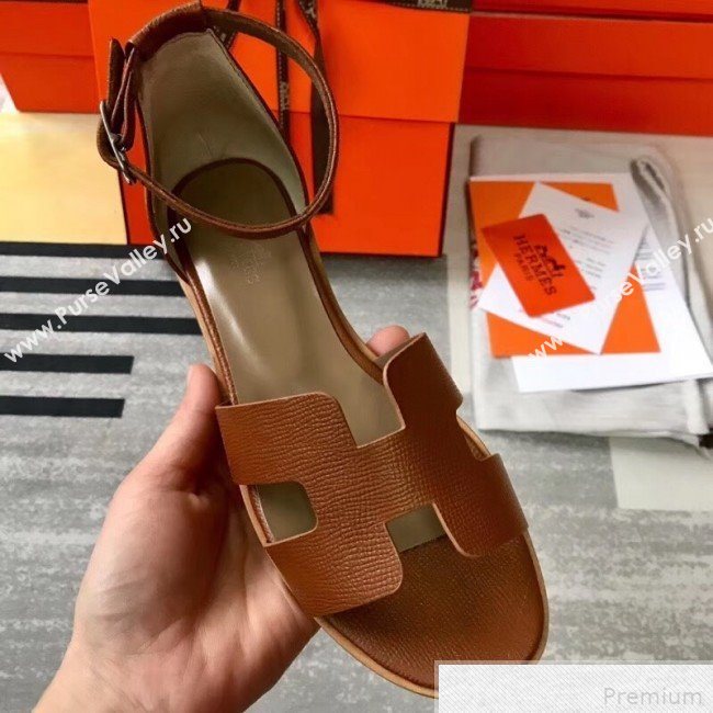 Hermes Santorini Grained Calfskin Flat Sandals Brown 2019 (KQN-9042623)