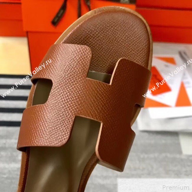 Hermes Santorini Grained Calfskin Flat Sandals Brown 2019 (KQN-9042623)