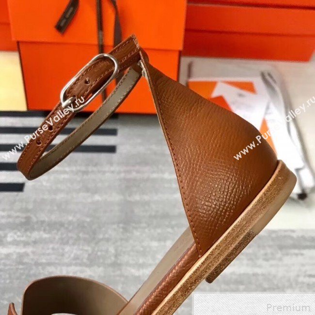 Hermes Santorini Grained Calfskin Flat Sandals Brown 2019 (KQN-9042623)