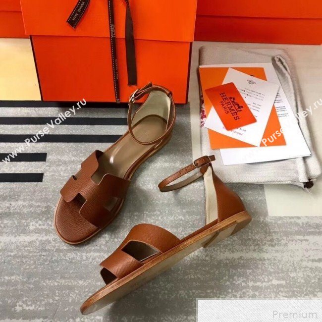 Hermes Santorini Grained Calfskin Flat Sandals Brown 2019 (KQN-9042623)