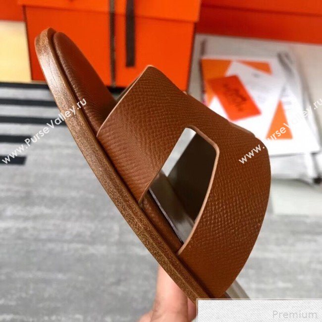Hermes Santorini Grained Calfskin Flat Sandals Brown 2019 (KQN-9042623)