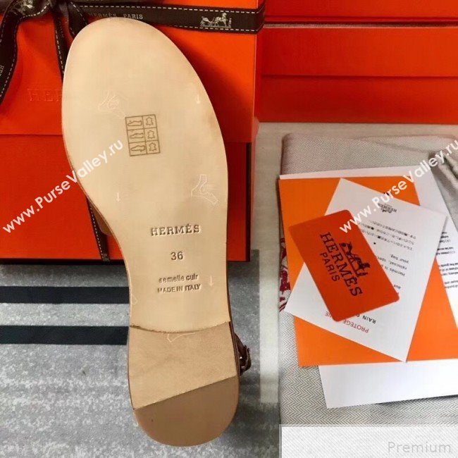 Hermes Santorini Grained Calfskin Flat Sandals Brown 2019 (KQN-9042623)