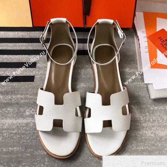 Hermes Santorini Grained Calfskin Flat Sandals White 2019 (KQN-9042642)