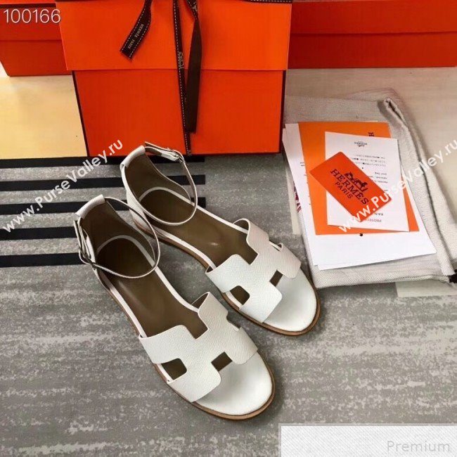 Hermes Santorini Grained Calfskin Flat Sandals White 2019 (KQN-9042642)