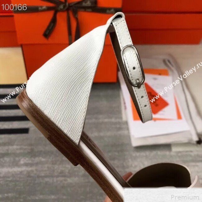 Hermes Santorini Grained Calfskin Flat Sandals White 2019 (KQN-9042642)