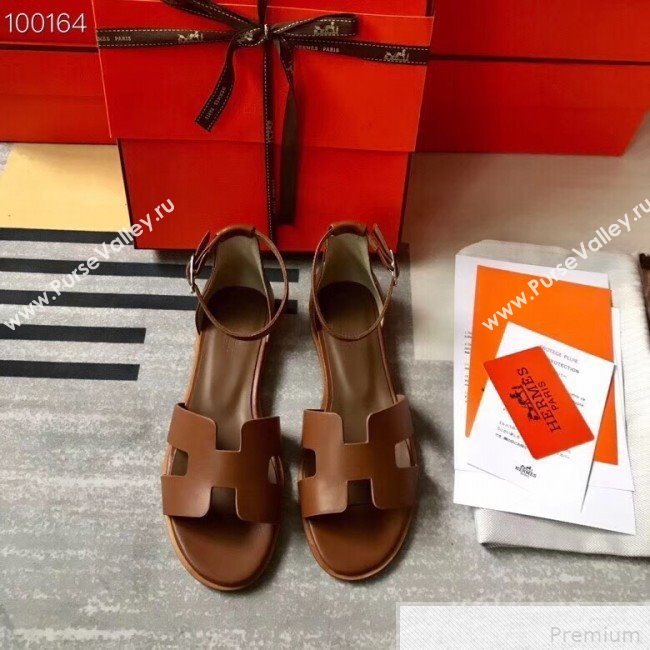 Hermes Santorini Smooth Calfskin Flat Sandals Brown 2019 (KQN-9042625)