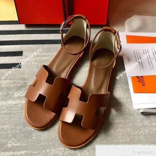 Hermes Santorini Smooth Calfskin Flat Sandals Brown 2019 (KQN-9042625)