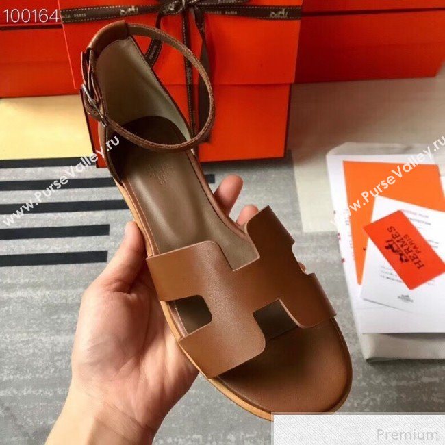 Hermes Santorini Smooth Calfskin Flat Sandals Brown 2019 (KQN-9042625)