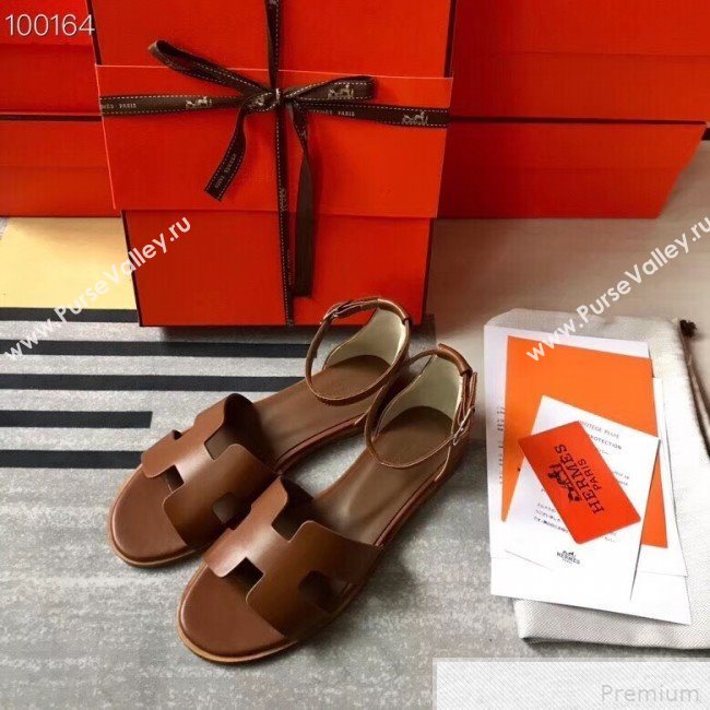 Hermes Santorini Smooth Calfskin Flat Sandals Brown 2019 (KQN-9042625)