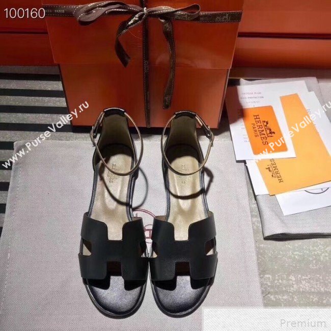 Hermes Santorini Smooth Calfskin Flat Sandals Black 2019 (KQN-9042626)