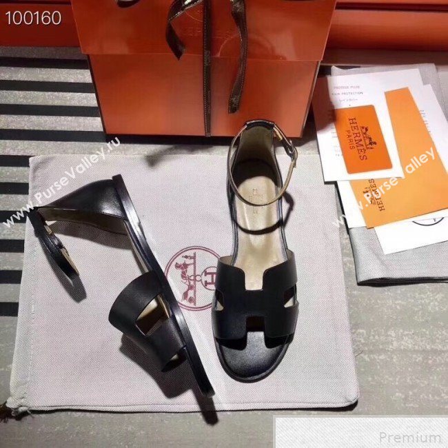 Hermes Santorini Smooth Calfskin Flat Sandals Black 2019 (KQN-9042626)