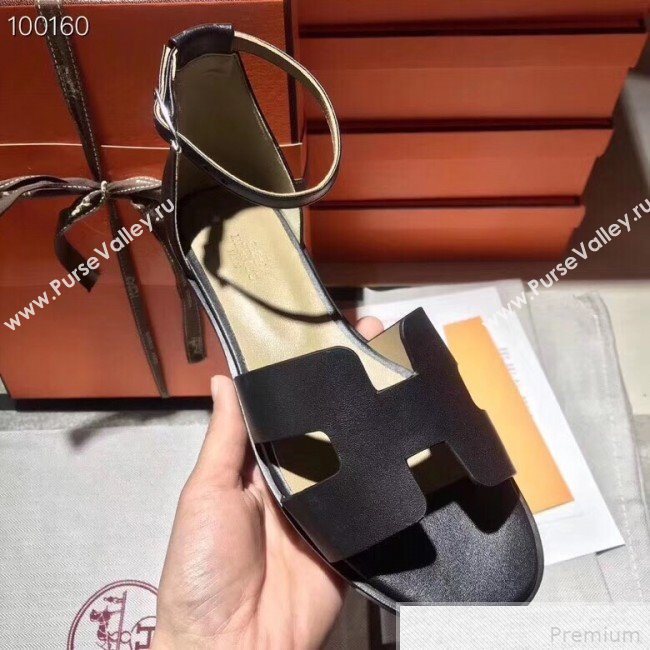 Hermes Santorini Smooth Calfskin Flat Sandals Black 2019 (KQN-9042626)