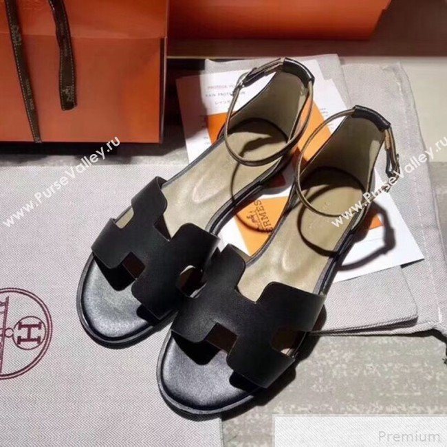 Hermes Santorini Smooth Calfskin Flat Sandals Black 2019 (KQN-9042626)