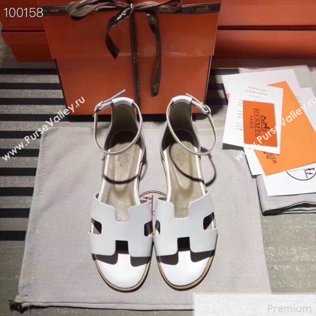 Hermes Santorini Smooth Calfskin Flat Sandals White 2019 (KQN-9042624)