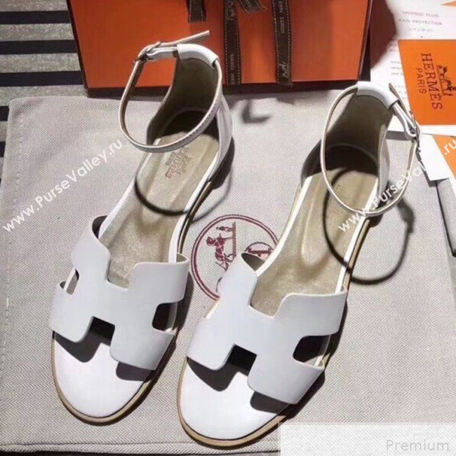 Hermes Santorini Smooth Calfskin Flat Sandals White 2019 (KQN-9042624)