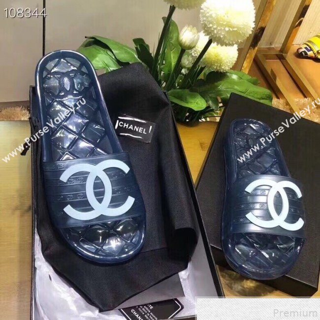 Chanel Flat Transparent Color CC Slide Sandals Blue 2019 (KQN-9050765)